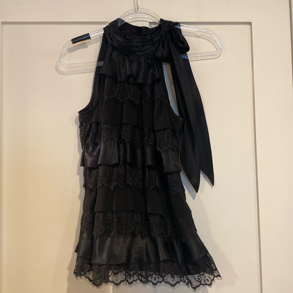 White House Black Market Black Layered Lacy Bow Sleeveless Dressy Top XS